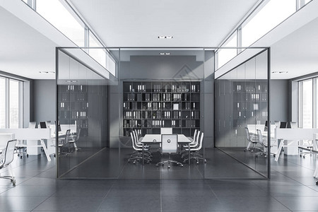 营业所现代会议室的内部有玻璃墙长白桌黑色书柜和周围的开放空间办公室设计图片