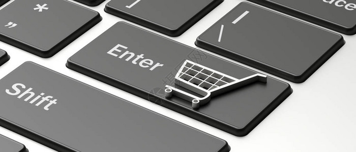 E商店电子商业概念计算机笔记本电脑上购物手推车图标输入钥匙图片