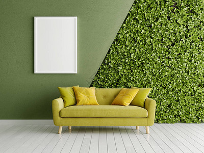 室内有垂直花园和沙发的绿色墙3图片