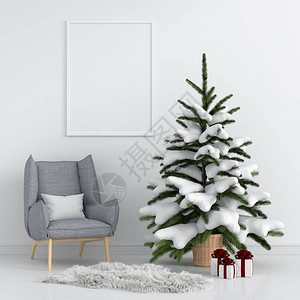 白色房间模型和圣诞树的空白照片框架图片