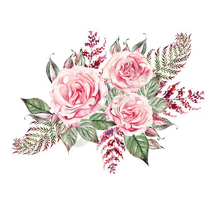 美丽的水彩婚礼花束上面有粉红玫瑰图片