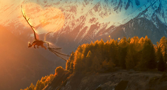 黑龙在山上的金色日落上飞翔照图片