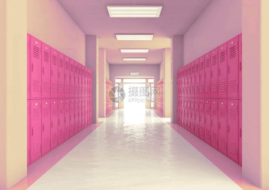 从明亮的粉红色学校储物柜朝向敞开的入口或出口门的明亮走廊往下看图片