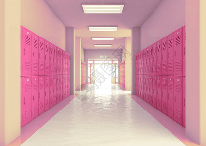 从明亮的粉红色学校储物柜朝向敞开的入口或出口门的明亮走廊往下看设计图片