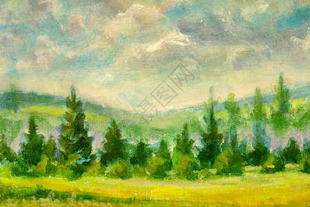 美丽的乡村插画与温暖的夏日风景中的绿树乡村印象派普林背景图片