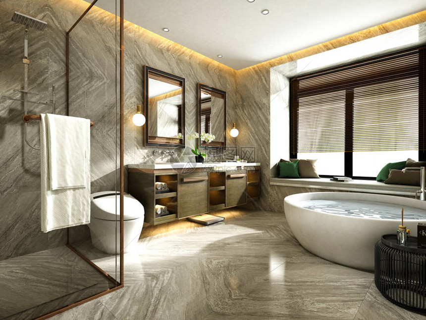 豪华浴室的3d渲染图片
