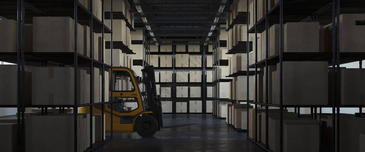 在仓库运输货物的叉车在仓库的叉车装载机在仓库的托盘堆垛车设备背景图片