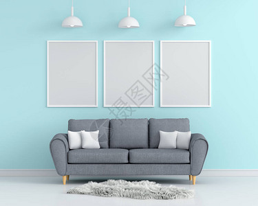 蓝色客厅模型的三张空白照片框背景图片