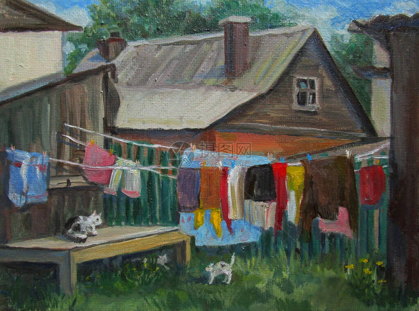 俄罗斯乡村房屋猫和衣服油图片