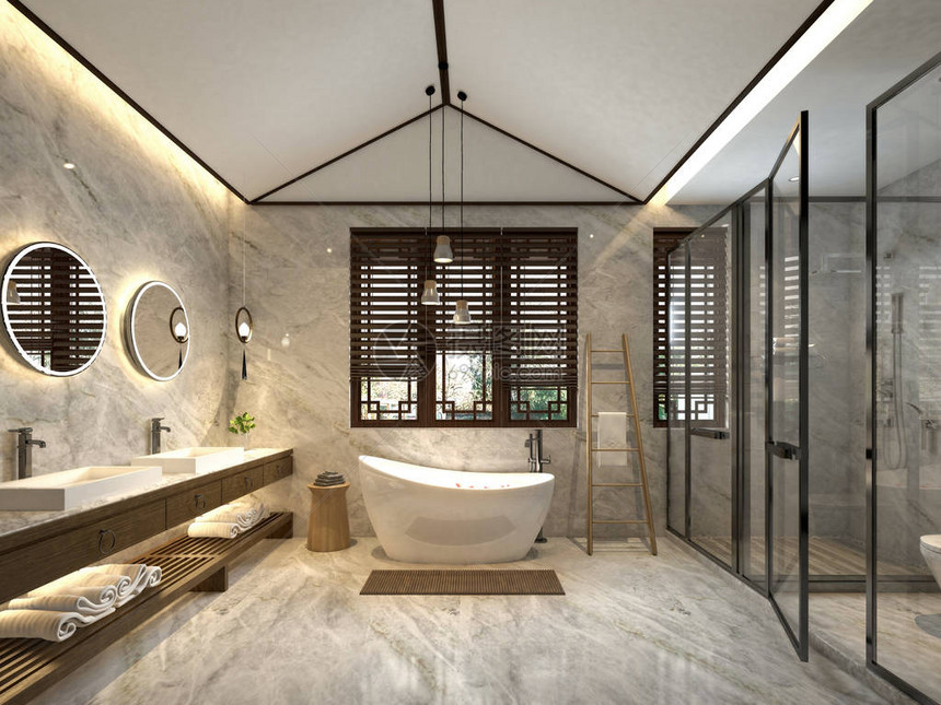 豪华和现代浴室的3d渲染图片