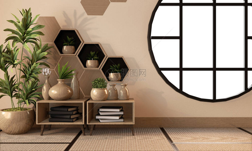 木六边形架子和墙上的瓷砖和榻米地板上的木柜和木花瓶装饰图片