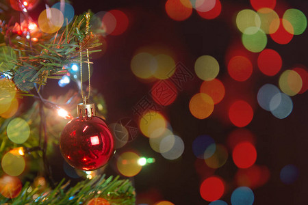 圣诞装饰在松树枝上挂红球圣诞树花环和装饰品在抽象散景背图片