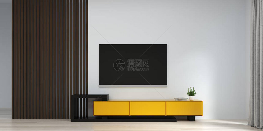 在空荡的干净墙壁前模拟现代电视柜3d渲染现代家居设计图片