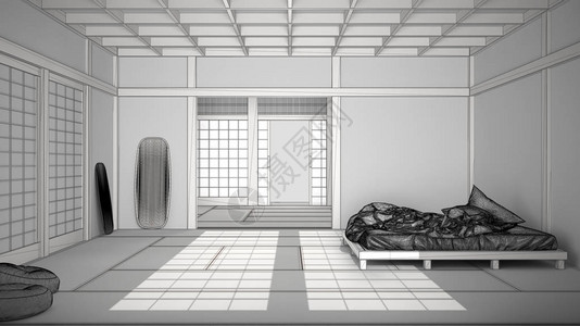 禅宗日式空旷简约卧室榻米地板蒲团双人床大窗户冥想空间和平静瑜伽放松室套房室内设计插画
