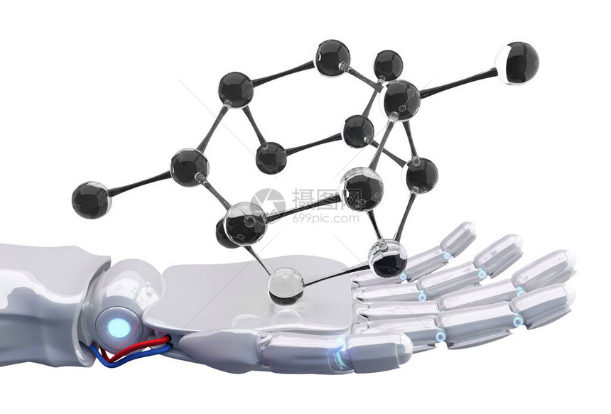 白色机器人手展示了在白色背景上分离的分子公式图片