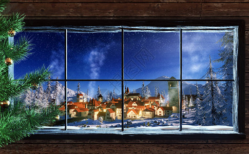 3d舒适小山村的插图冬天的雪景与黎明时分照亮的小镇背景中覆盖松树图片