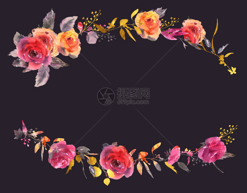 laprima风格的柔和水彩玫瑰花环红色黄色金色水彩玫瑰花朵树枝叶子花蕾手绘复古花卉贺卡孤立图片