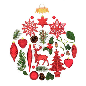圣诞树装饰与冬季植物形成白色背景上的抽象摆设装饰品节日的图片