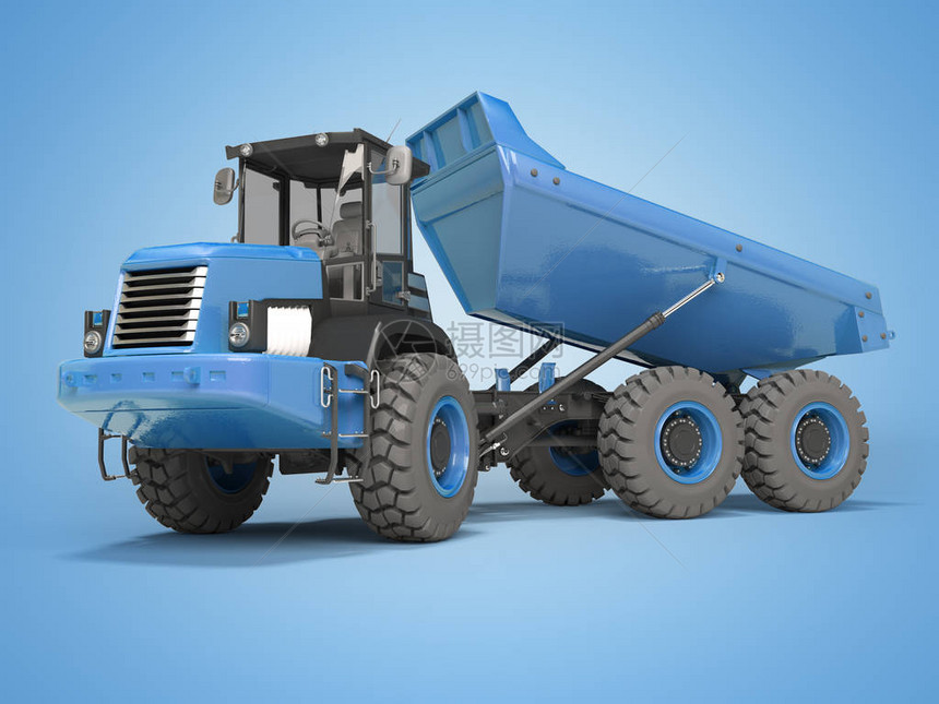 建筑机械蓝色倾卸卡车从拖车3D上卸下图片