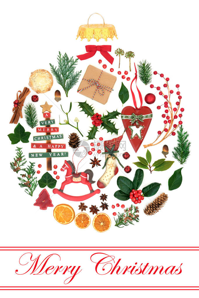 圣诞复古树装饰与食物植物和符号形成一个带有圣诞快乐标题的抽象圆形小玩意节图片
