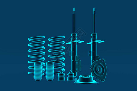 气动3D渲染带防尘盖缓冲器安装和支柱安装的乘用车减震器新汽车零件备件商店备件设计图片