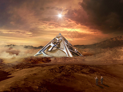 3D红行星上未来建筑的翻版宇航员们看着外星金字塔背景图片