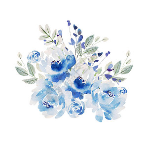 美丽的水彩婚礼蓝色花圈有玫瑰花朵和小马图片