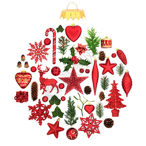 圣诞树装饰和传统的冬季植物在白色背景上形成抽象的小玩意装饰品节日的传图片