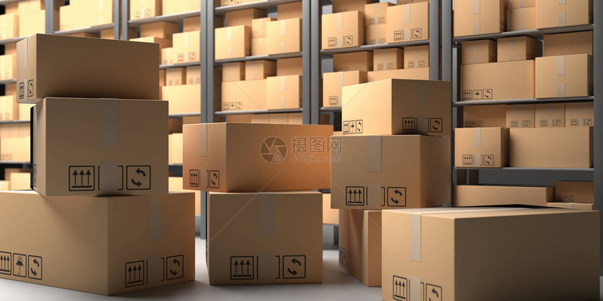 仓库储存货架和纸板箱背景分配货物和后勤概念3图片