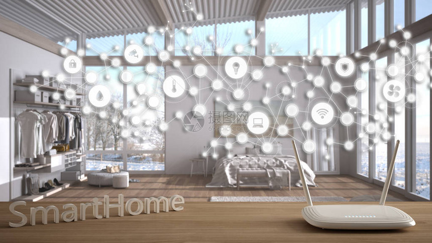 木桌上的WiFi无线路由器智能家居带连接线的几何背景和显示物联网系统的点现代卧室的家图片