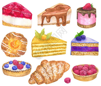 一套美味的甜点手绘水彩插图在白色上隔离咖啡厅餐厅咖啡店图片