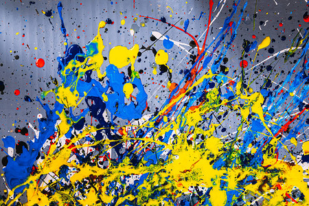 抽象表现主义当代艺术使用滴水技术绘制的图片混合不同的颜色红黄蓝白黑色彩缤纷线条和斑插画
