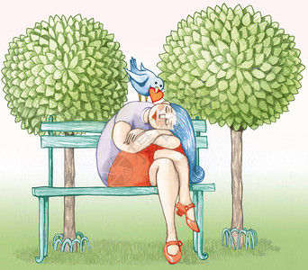 坐在长椅公园的女士在肩膀上的鸟身上拿着一幅心胸图片