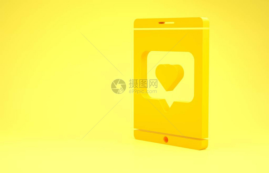 黄色手机和类似在黄色背景上隔离的心脏图标反通知图标追随者Insta极简主义概念3d插图图片