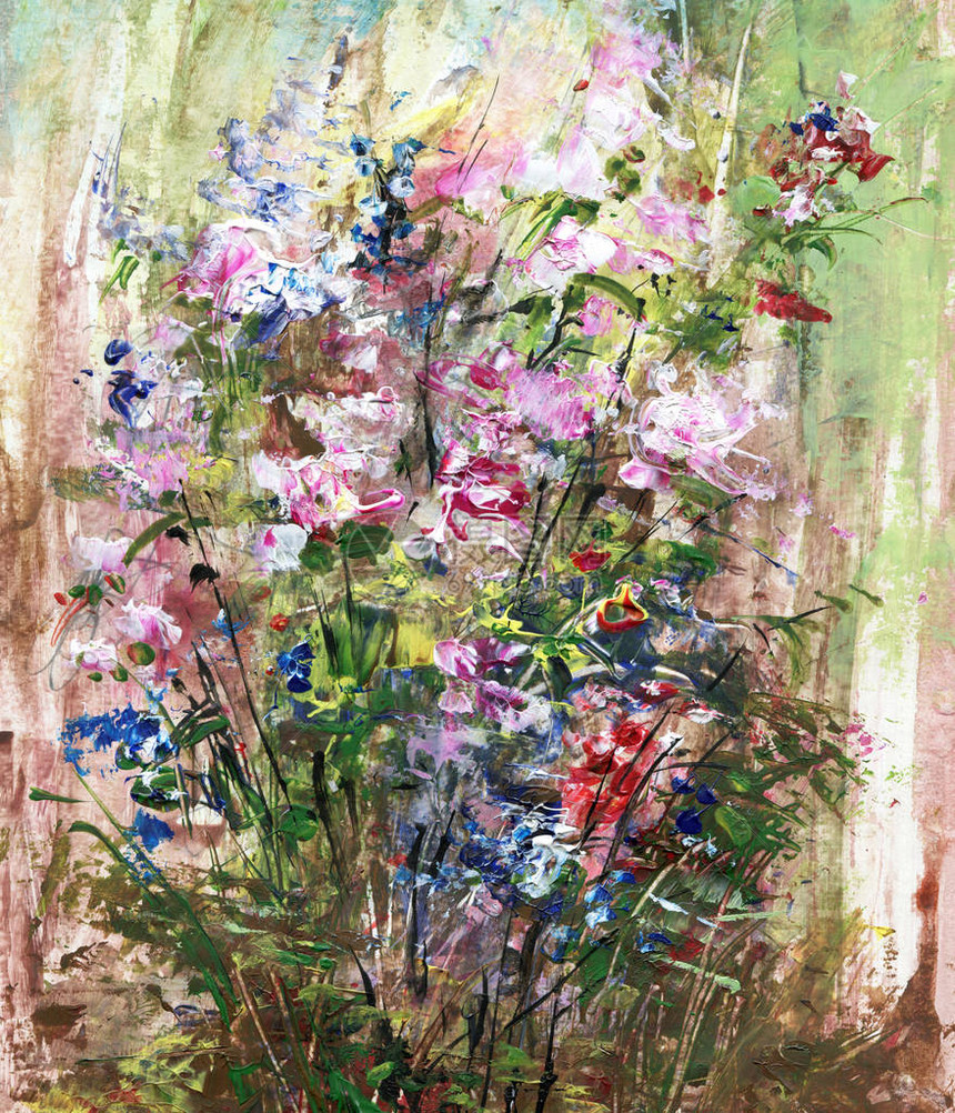粉色和蓝色花朵的花束丙烯画艺术插图图片