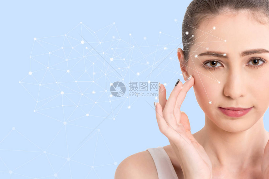 美丽的女人美容保健美容和水疗与面部跟踪技术和科学概念完美的新鲜皮肤隔图片