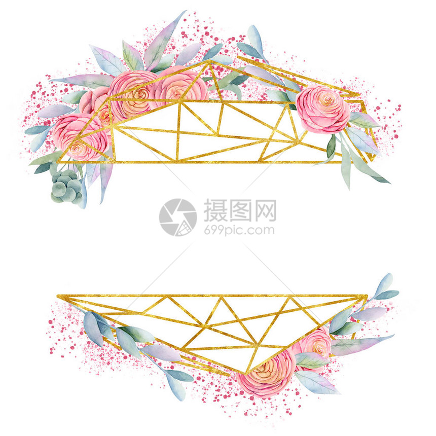 彩色粉红色美丽玫瑰绿叶和树枝白色背景上涂画的手印婚礼和其他节庆装饰品的几何图片