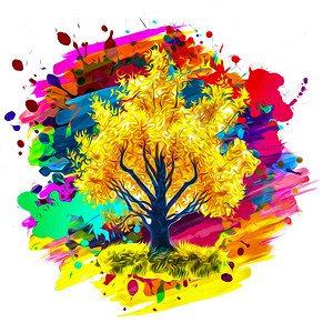 五颜六色的秋天树画与黄色的叶子图片