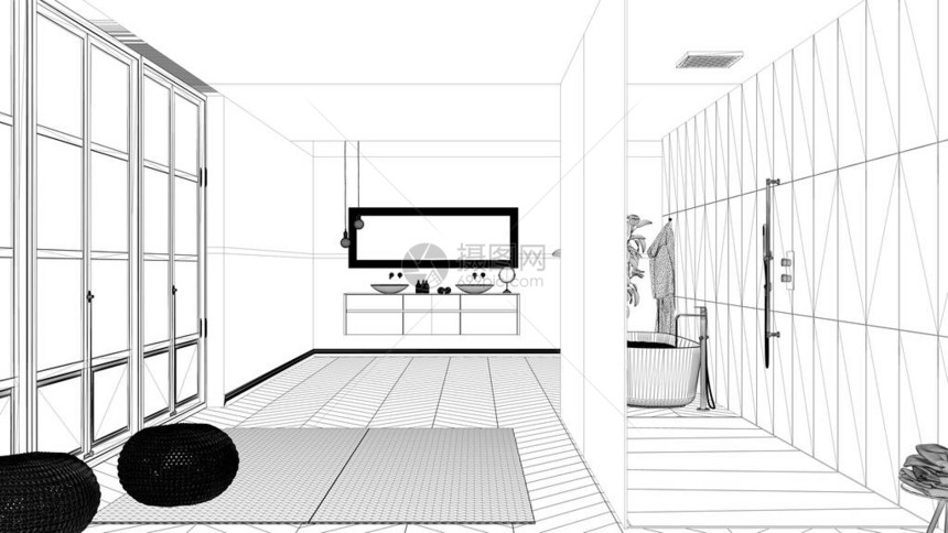 蓝图项目草案带镶木地板的宽敞浴室全景窗户步入式淋浴间和独立浴缸带坐垫的地毯双水槽简图片