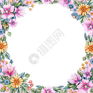 水彩野花卉方形框架有文字的地方婚礼请柬和社交网络的春图片