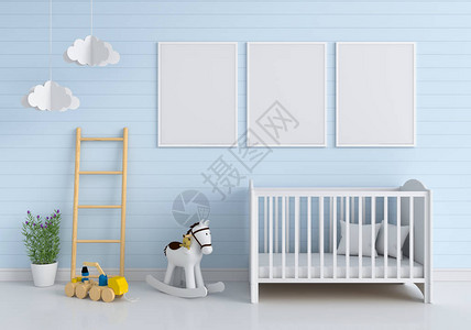 三个空白的照片框用于儿童室的模背景图片
