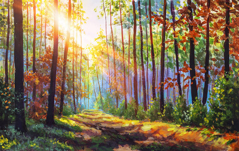 秋天的油画有阳光的秋天森林森林中的小径图片