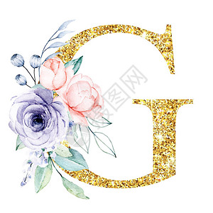 金色字母表带花叶的字母G水彩艺术图片