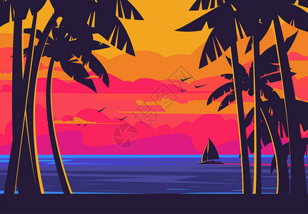 海边岸的风景与棕榈树的光影和日落相对水上漂图片