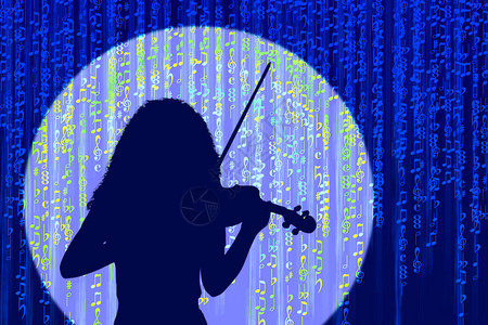 Silhouette女小提琴手在灯光的白色圆圈上图片