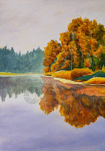 河海池塘水面上的油画丙烯画秋天橘子树反映在平静的水面现代美术中平静的插图背景图片