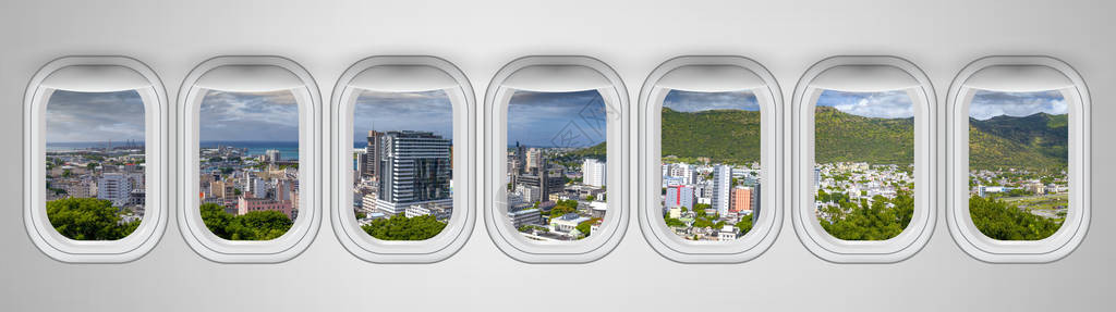 市中心区毛里求斯路易港天际线景观的飞机窗户旅行和度插画