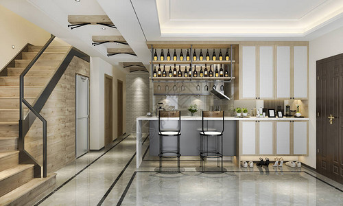 酒吧存酒架3d在楼梯附近有餐饮区的现代厨设计图片