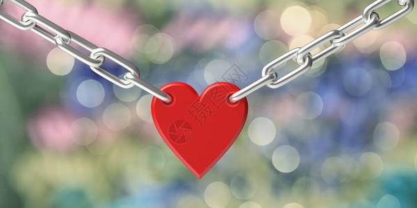 锁住红色心脏形状的挂锁与金属链结合图片