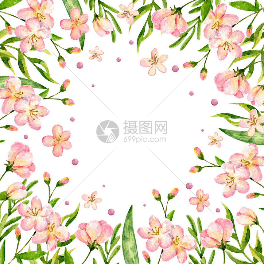 水彩方形樱花框架甜美的手绘设计适用于卡片网页其他设计粉红色的樱花背景浪漫卡图片
